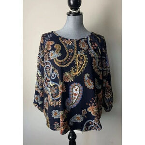 Zac & Rachel Navy Blue Paisley Print Boho Blouse XL Petite